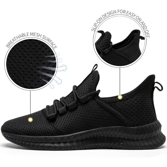 Mens Slip On Walking Shoes Mens Running Black Mesh Breathable Tennis Sneakers - Picture 2 of 6